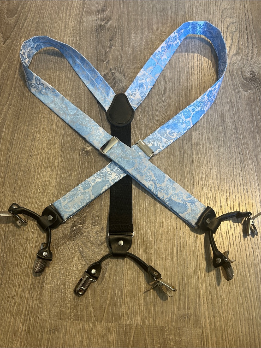 Light Blue Paisley Suspenders - Adjustable Elastic Braces